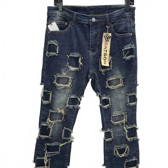 NEW WATSON MENSWEAR men's stacked studded jeans in blue